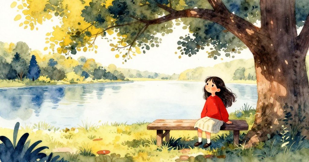 Maya坐在橡樹下的長凳上，手持素描本，溫暖光影映照大自然，表情安詳，展現寧靜早晨。