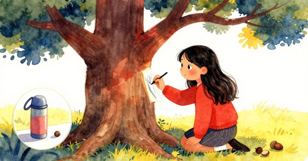 Maya專注描繪橡樹樹幹，身旁散落著堅果與保溫瓶，畫面呈現藝術和自然的對比與互動。