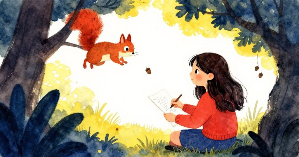 透過樹葉縫隙觀看，Maya調整畫作，樹上活潑松鼠現身，堅果輕落，透露出自然中的驚喜與柔和美感。