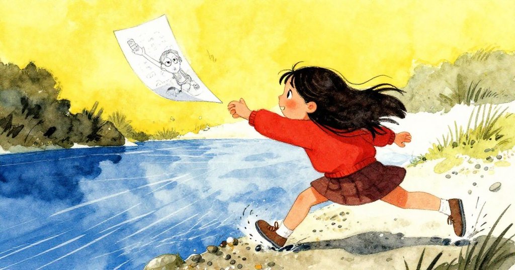 Maya急速奔向即將飄入河流的飄動素描頁，臉上表露決心，鞋子觸碰碎石，場面充滿懸疑與緊張感。