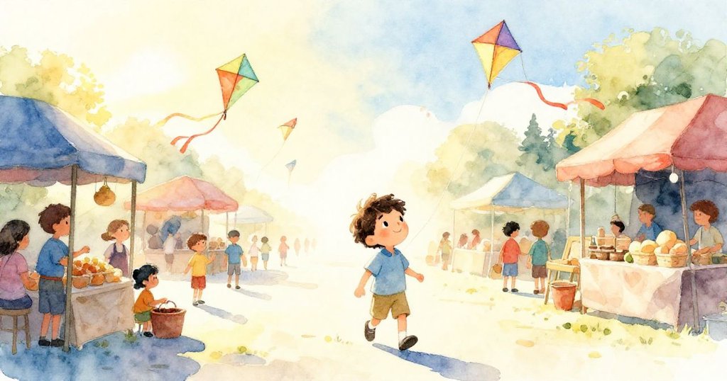 米洛在清晨的市場入口處探索，天空中飄揚著各色風箏，他滿懷期待與好奇迎接新一天。