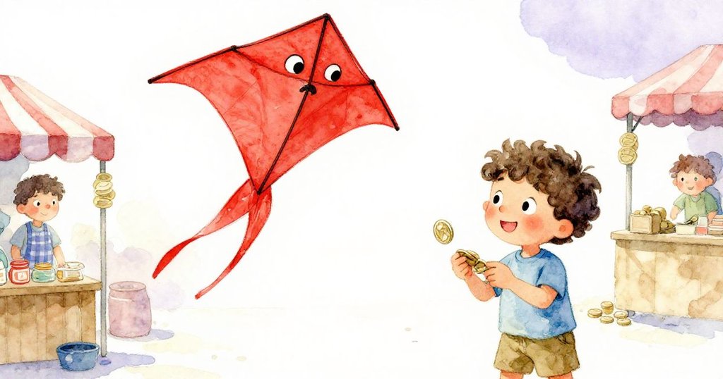 米洛專注地注視著鮮豔紅風箏並數著硬幣，市場背景中透露出濃厚期待與夢想情懷。