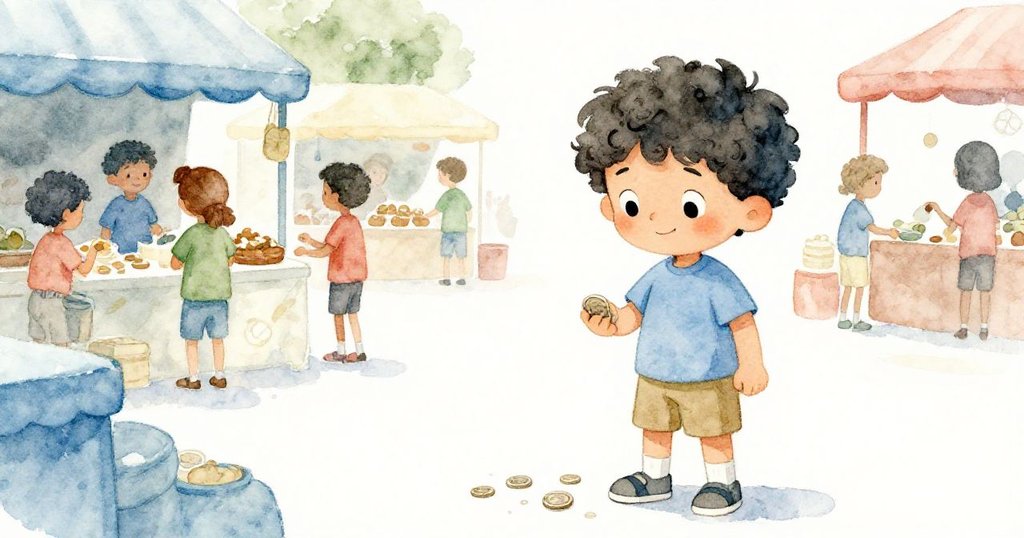 米洛從背後數著硬幣，市場攤位和玩耍孩子隱約浮現，流露出他堅定與專注的情感。