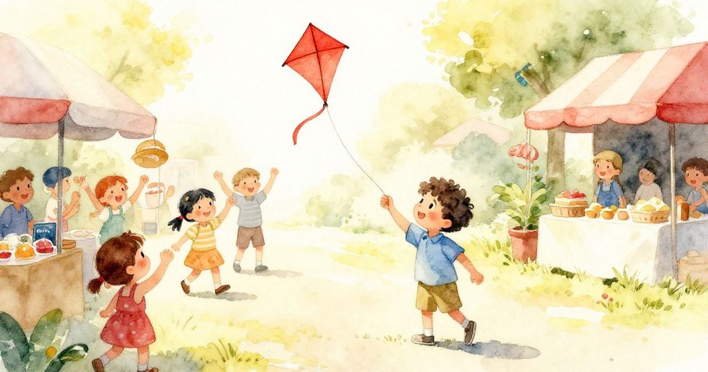 米洛抱著紅風箏回到市場，孩子與攤販紛紛歡笑慶祝，溫暖的陽光映出大家滿心愉悅。