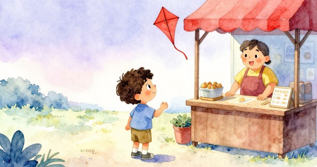 米洛與攤販在夕陽下互致感謝，交流中紅風箏象徵著勇氣與希望，場景溫馨圓滿。