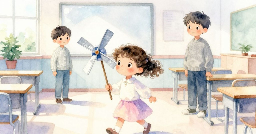 露西抱著小型風車走入明亮的教室，哥哥在後方等待，光線透進窗戶，場景充滿溫馨與期待。