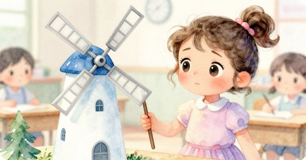 露西專注檢視手中的風車，眼中充滿堅定與喜悅，背景柔焦呈現教室氛圍。