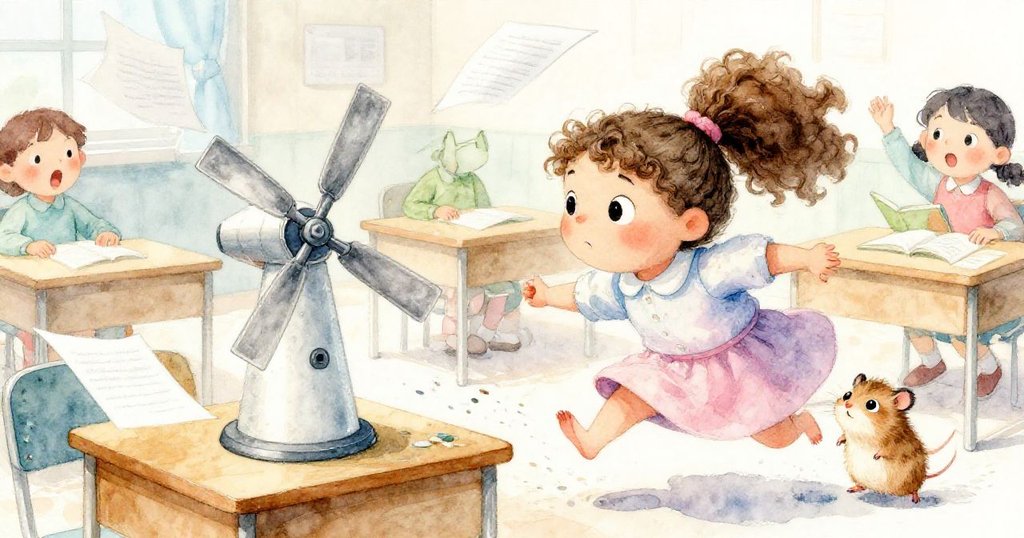 混亂中小倉鼠從籠子裡逃出，衝過桌面撞翻風車，紙張四散，同學驚訝中場面活潑。