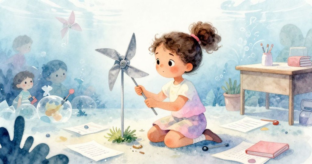 透過夢幻半透明效果，露西蹲在桌旁修理倒下風車，工具箱展開，教室內柔光瀰漫，情景奇妙。