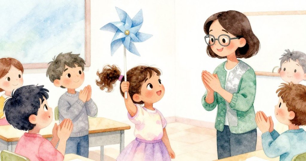 風車修復成功後露西自豪站立，老師、哥哥與同學齊聚歡慶，臉上洋溢喜悅與驕傲，情景溫馨。