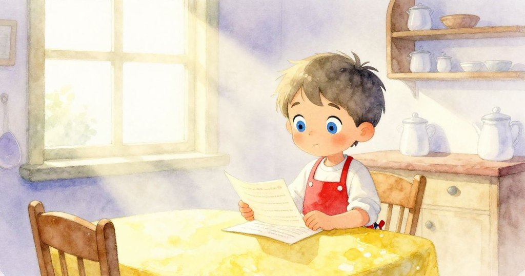 Liam在晨霧中清晨起床,在明亮廚房中查看食譜與空蕩的糖架,表情既期待又略顯困惑,溫暖光線灑滿窗邊。