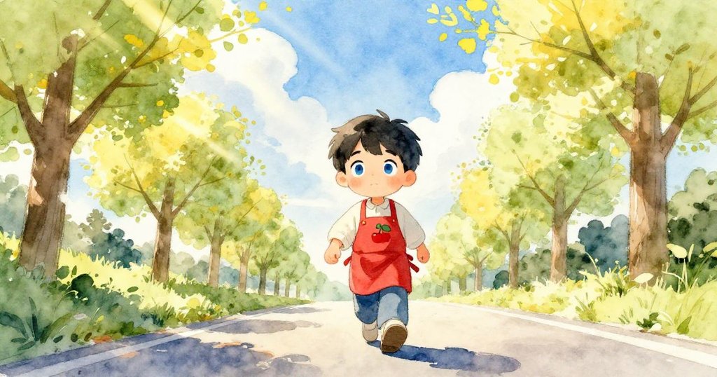 Liam在低角度視角下行走於安靜街道,背後朦朧雲層中透出溫暖陽光,身邊新芽搖曳,充滿目的與希望。