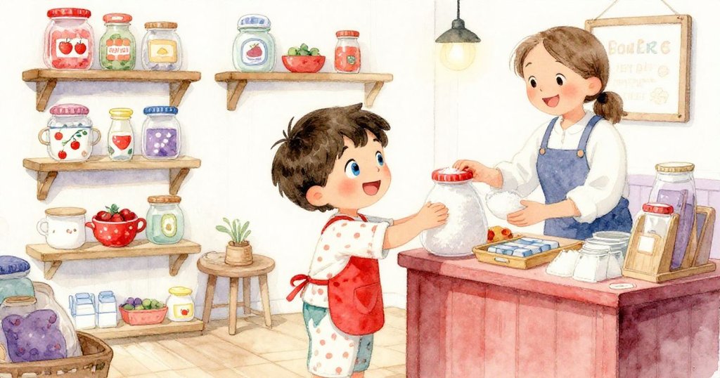 Liam在溫馨小店裡與笑臉店主互動,挑選購買糖袋,店內擺滿各式雜貨,情景溫暖而親切。