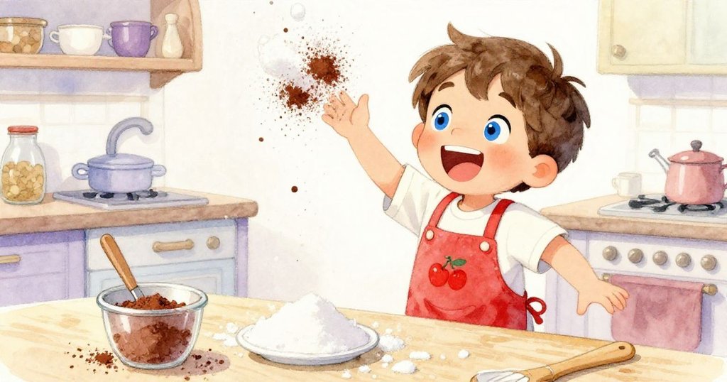 Liam在廚房混亂中歡笑,打開糖袋意外灑落糖與可可粉,他動作俏皮地用布清理,場景充滿溫馨童趣。