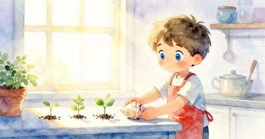 Liam在溫暖廚房中將海洋小貝殼擺放於窗台上,旁邊種下香草種子,神情平靜溫柔,象徵著成長與新開始。