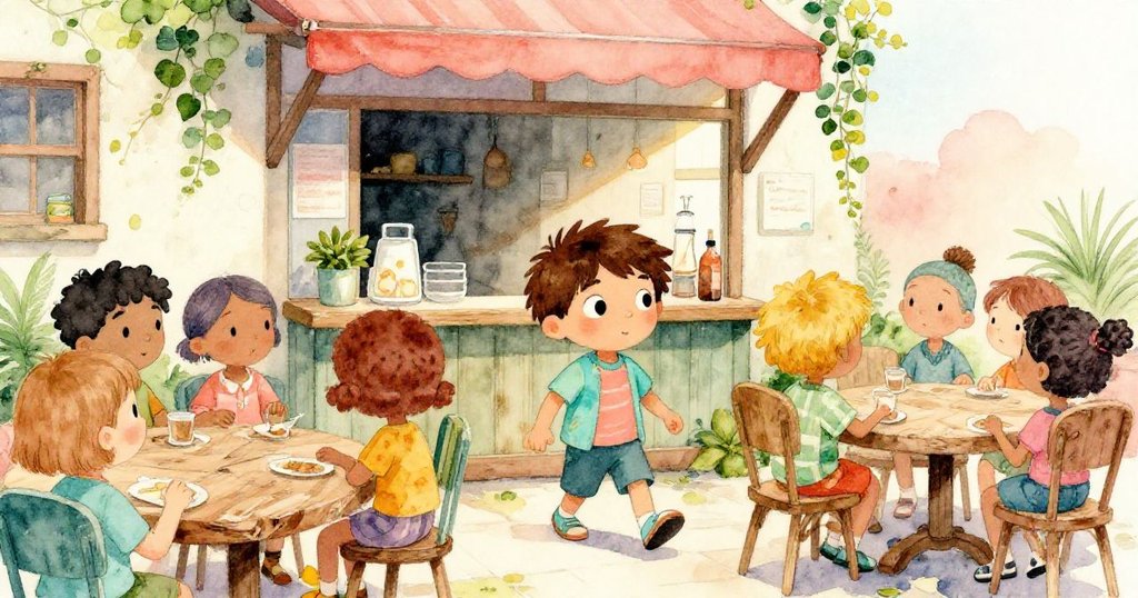 馬特奧步入老餐廳，與其他居民熱鬧互動，表情充滿好奇與期待，古樸桌椅與藤蔓映襯著溫暖光線。