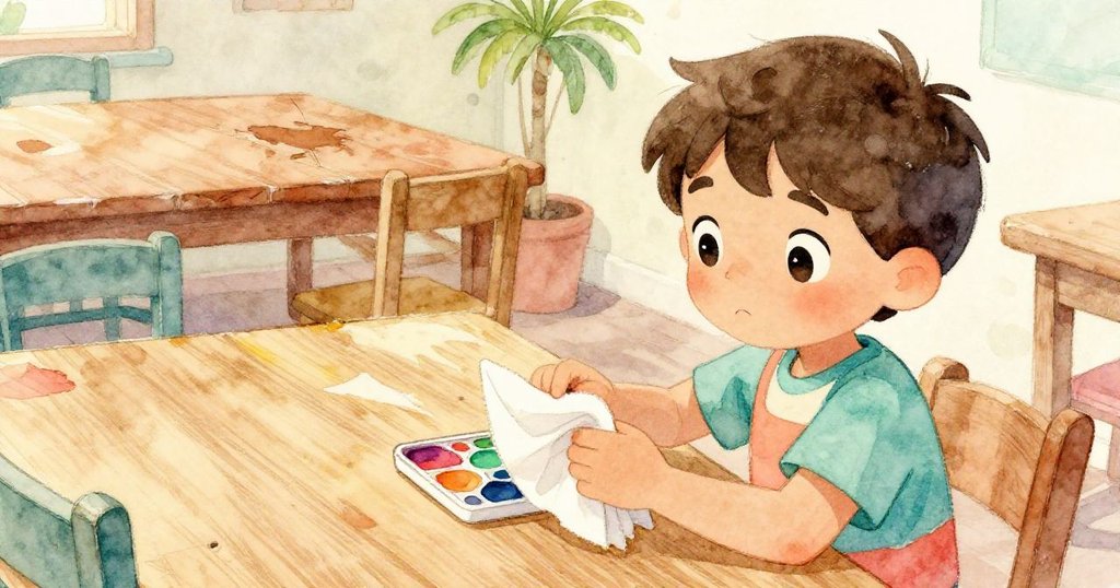 馬特奧近距離檢視老餐廳桌面紋理與牆上野牛畫，手拿調色盒與摺疊餐巾，意念專注準備創作。