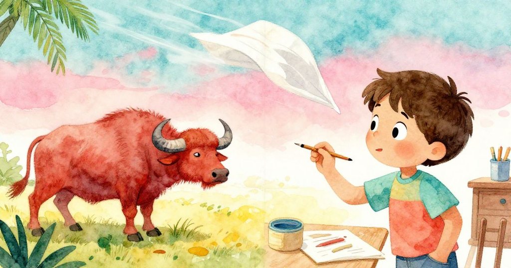 馬特奧一邊用紅筆在牆上揮灑創意，一邊驚訝於突如其來的風吹起餐巾，情緒轉換鮮明。