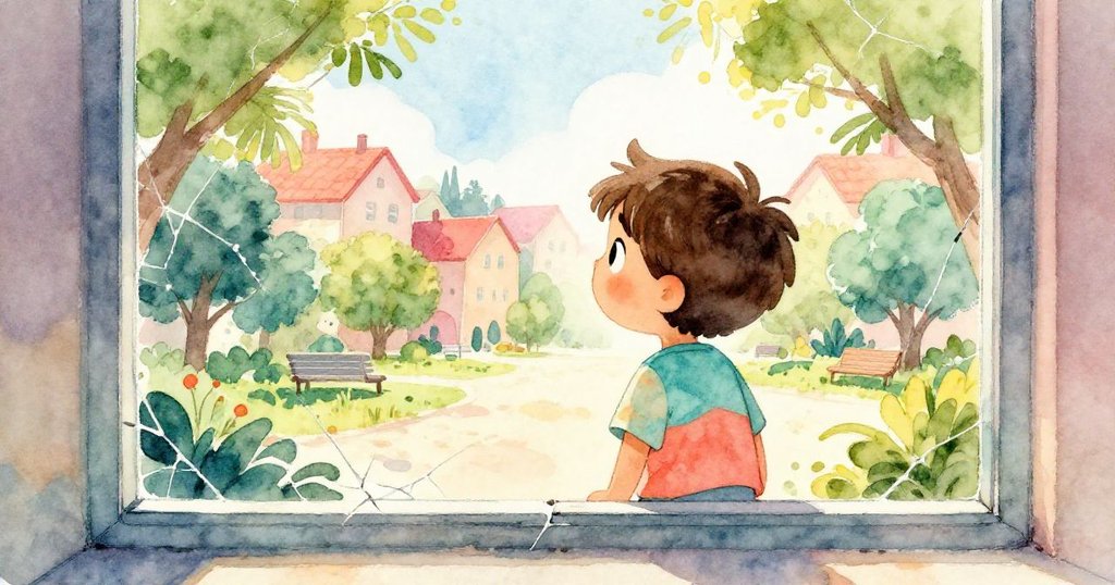 馬特奧透過破損窗戶眺望公園，室內與戶外景色交織，表情流露出沉思與期待，光影柔和。