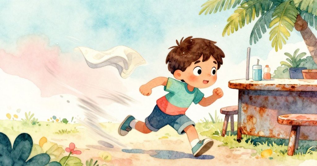 馬特奧全力追逐被風吹起的餐巾，動感十足穿越老餐廳，表情堅定充滿活力，室內物品隨風搖曳。