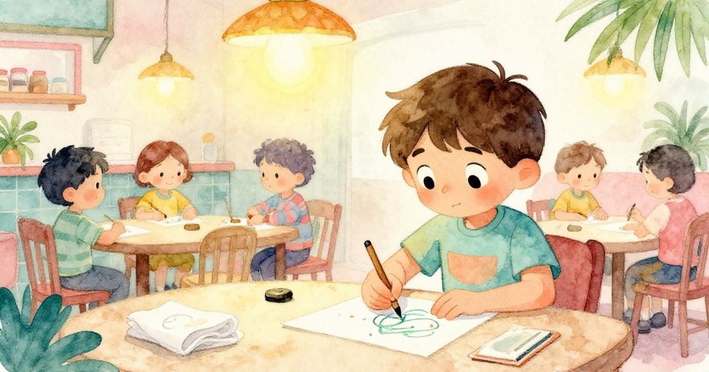 午後鈴響後，馬特奧整理藝術創作，安靜點頭告別繁忙場景，溫暖燈光映襯餐廳內平和心情，留有餘韻。