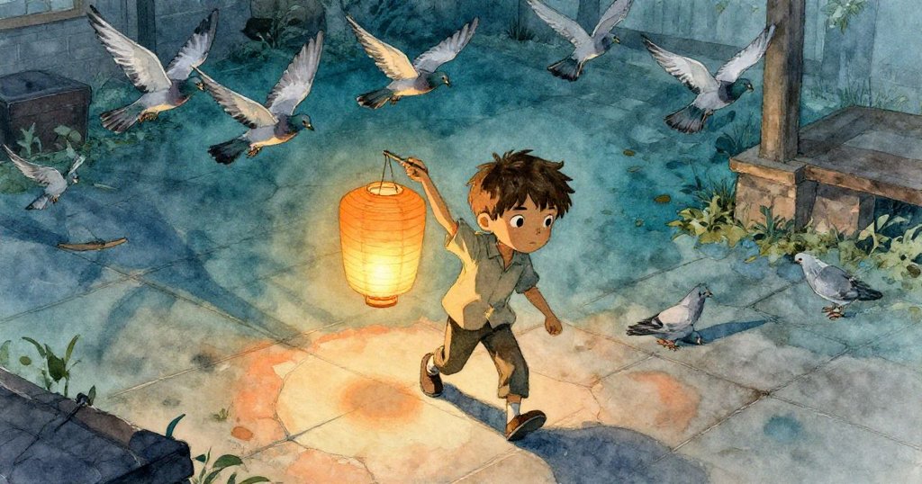 Milo在破舊圖書館庭院中持燈籠前行，傍晚光影下飛翔鴿子陪伴，神情堅定迎向挑戰。