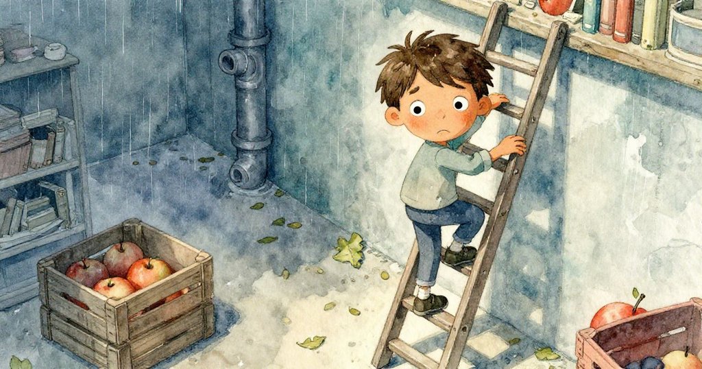 Milo登上搖搖欲墜的梯子，從高處看見地上散落乾葉與蘋果箱，臉上表露憂慮與努力。