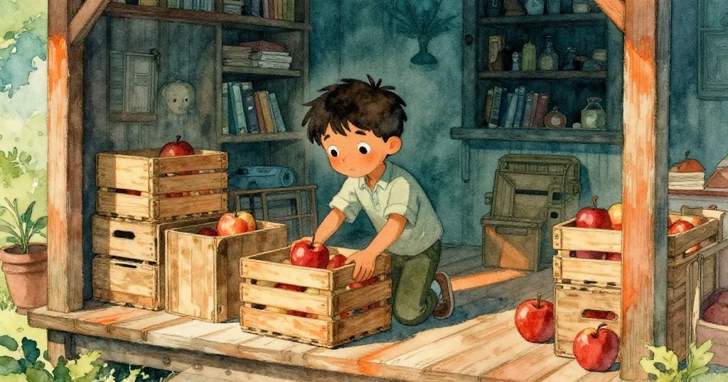 Milo在圖書館木質門廊內調整蘋果箱，和溫暖光線下的木材紋理互動，神情專注充滿求知勇氣。