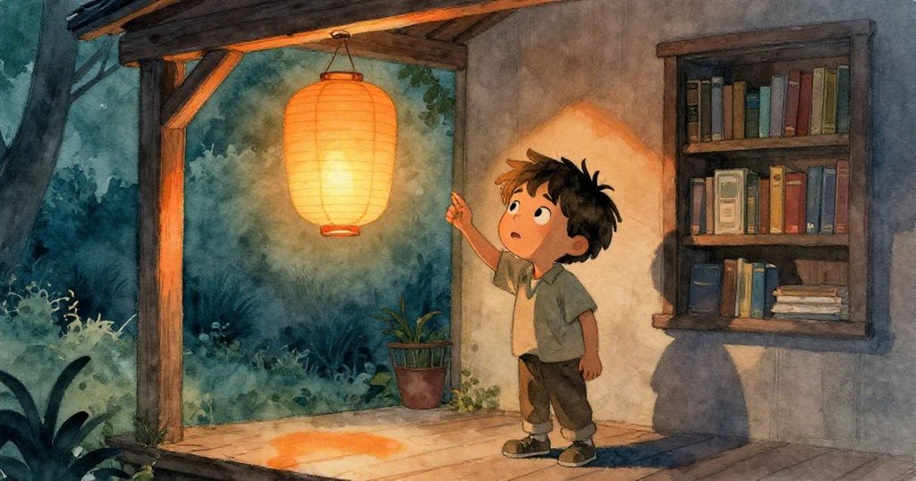 Milo滿懷喜悅地望著掛在樑上的緩光紙燈籠，溫暖黃光與靜謐場景交織，暗示著新冒險即將展開。
