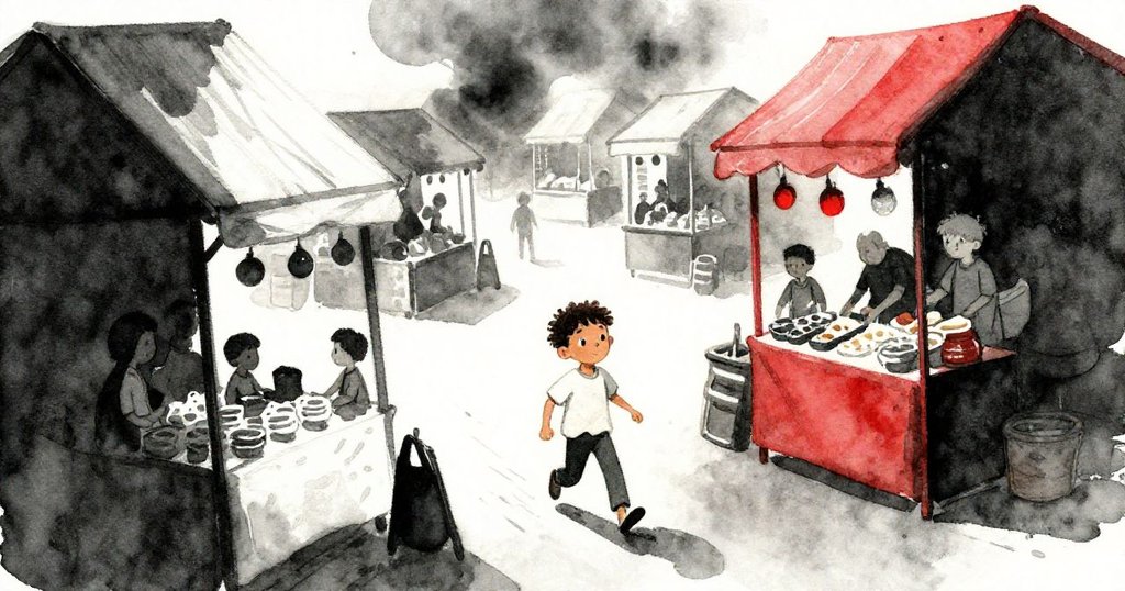 米洛抱著泥罐踏入熙攘市場，布篷飛揚，攤販和行人忙碌，臉上流露出好奇堅定的神情