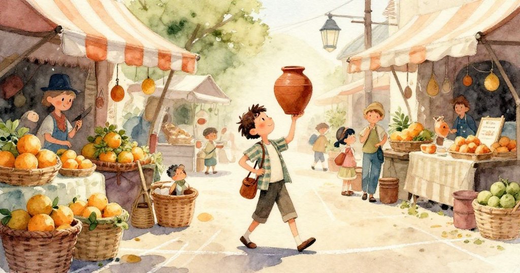 米洛的手輕捧泥罐，細膩展示陶器紋理，背景隱約呈現市場忙碌的軌跡