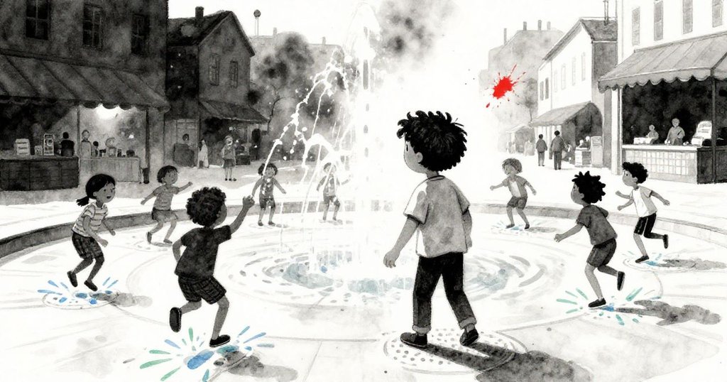 米洛在欢快儿童中穿行，身後石板亮起藍綠燦爛光芒，泥罐微微傾斜，他露出小心又期待的神情