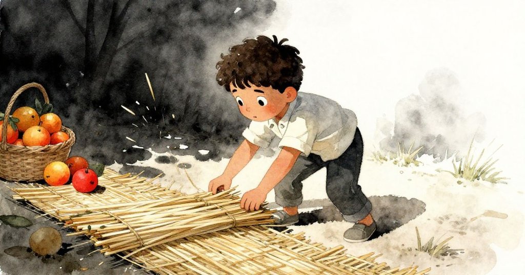 米洛整理最後的蘆葦，清晰路徑在柑橘旁展開，他面露決心，市場喧囂逐漸遠去