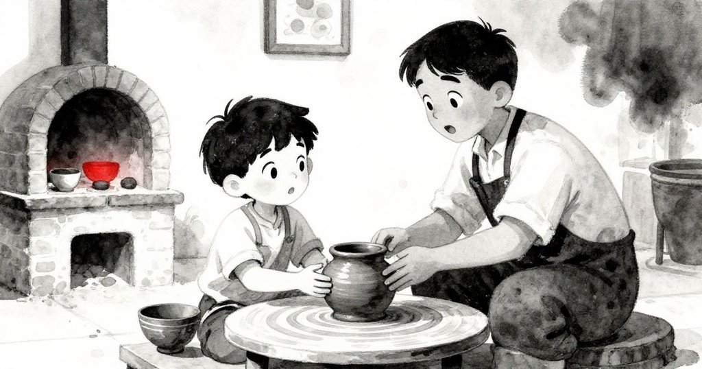 米洛將泥罐放在矮桌上，陶藝師興致勃勃地接過，背景爐火暖光映照新鮮瓷器，氛圍溫馨