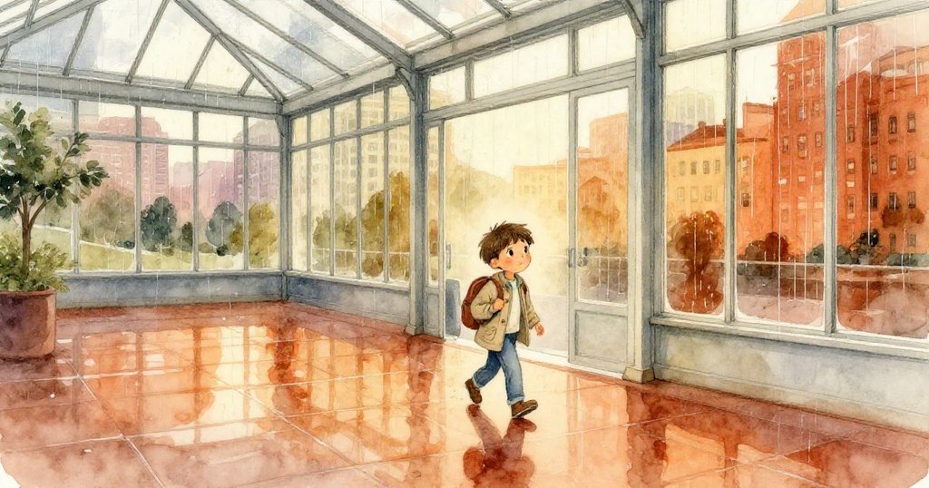 喬納斯踏入玻璃溫室，雨水映出鏡面效果，背著背包，神情期待，現代城市背景開始展開故事。