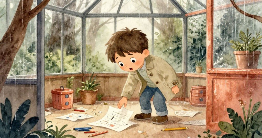 喬納斯蹲下撿拾散落的筆記本和鉛筆，表情驚訝專注，室內玻璃屋內光影交錯，開始解決小意外。