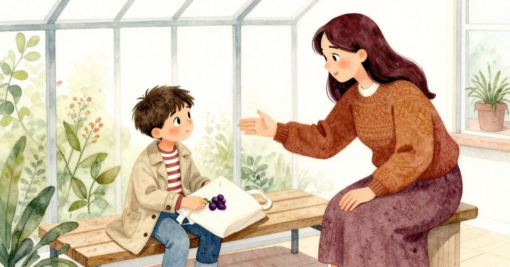 女士在長椅上清潔托特包上的紫色污漬，喬納斯伸出袖子表示幫助，互動溫暖友善，室內溫馨氛圍。