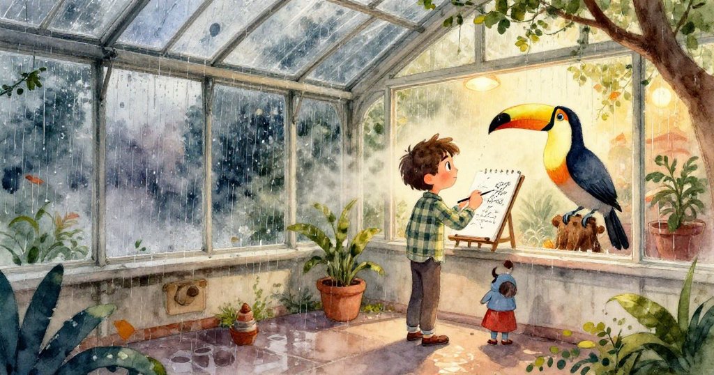 透過高位視角觀察到玻璃展示區內，一隻鮮豔巨嘴鳥在綠枝上跳躍，夕陽色調映襯，柔和音樂從咖啡館飄散而來。