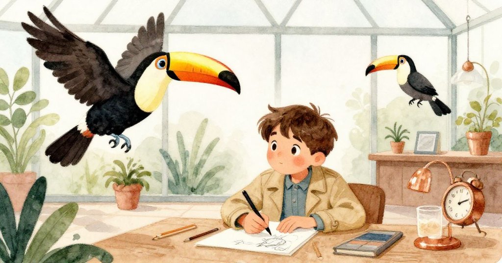 喬納斯專注素描時，巨嘴鳥拍動樹葉，另一隻優雅鳥現身，動作生動，驚喜之情溢於言表，呈現動態美感。