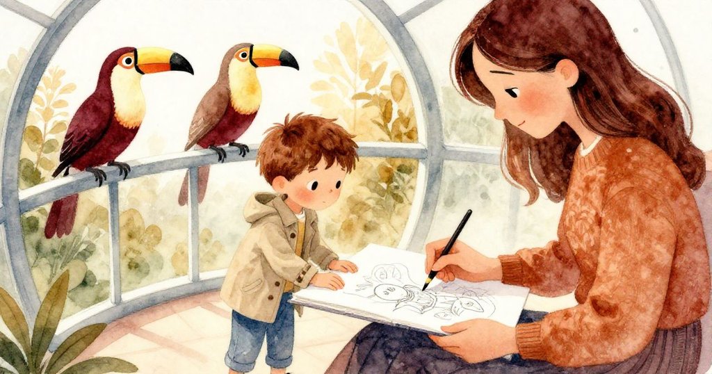 喬納斯完成素描後將紙張放在女士筆記本上，女士細描輪廓，雙鳥於玻璃上靜立，互傳默契，情感溫暖流動。