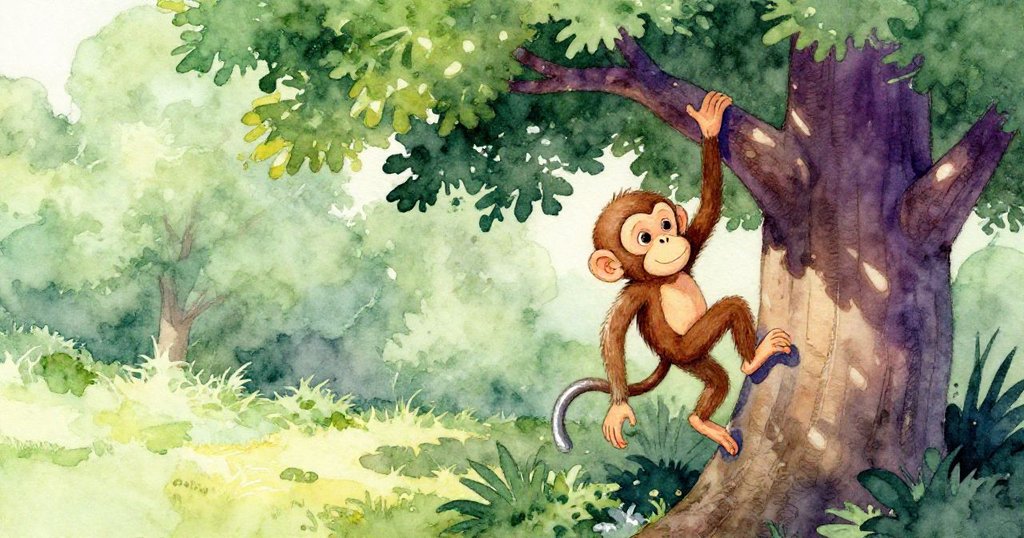 猴子在茂密的森林中開始爬樹,樹幹披著綠蔭,陽光溫暖灑落,展現冒險啟程的快樂情緒