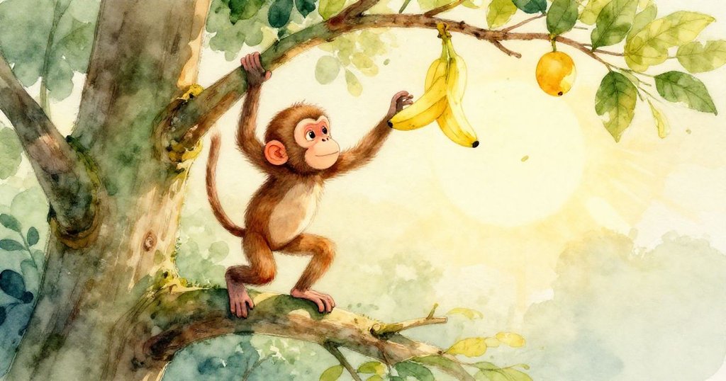 猴子用小手努力伸向懸掛的金黃香蕉,樹枝微晃展現出動感與決心,充滿期待與活力
