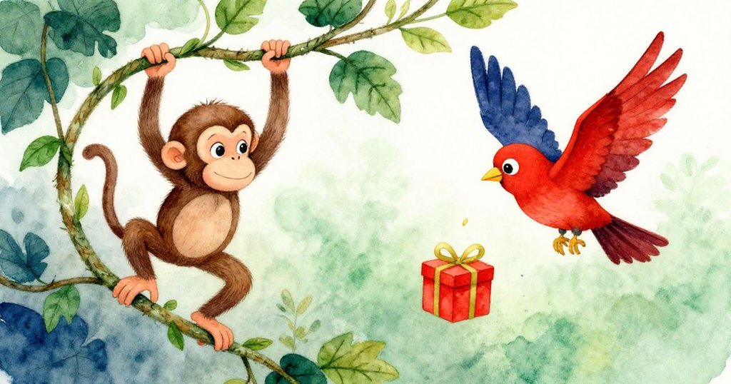 猴子緊握粗藤向上攀爬,同時一隻明亮鳥兒盤旋並投下紅色禮物,展現出驚喜與冒險的動感場景