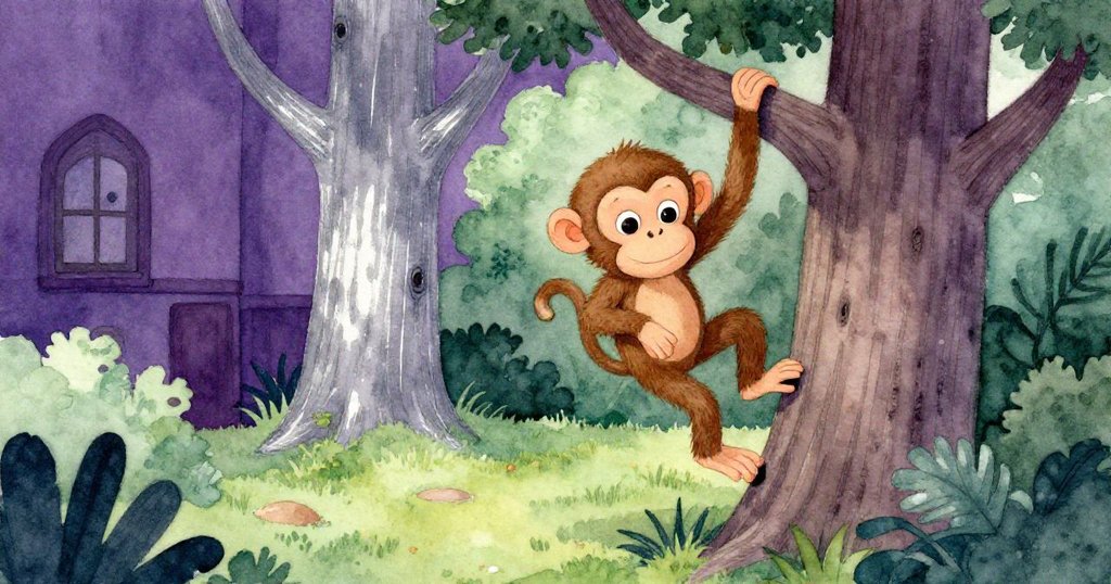 猴子懷抱著收集的香蕉與禮物慢慢下樹,來到宛如室內般舒適的樹根區,氣氛寧靜而溫馨