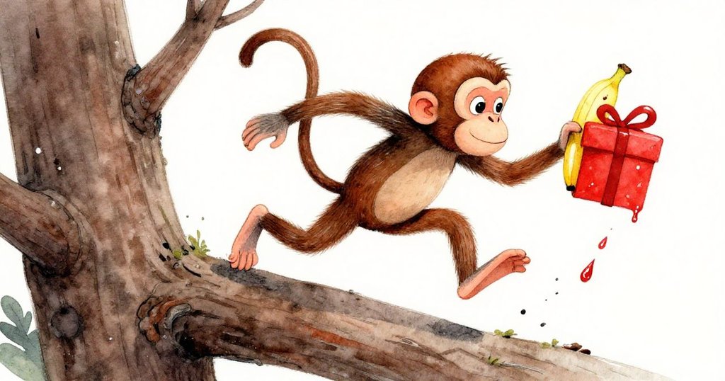 猴子急速沿樹幹下滑,雙手緊握香蕉與禮物,甜蜜果汁沿樹幹滴落,充滿緊張與活力