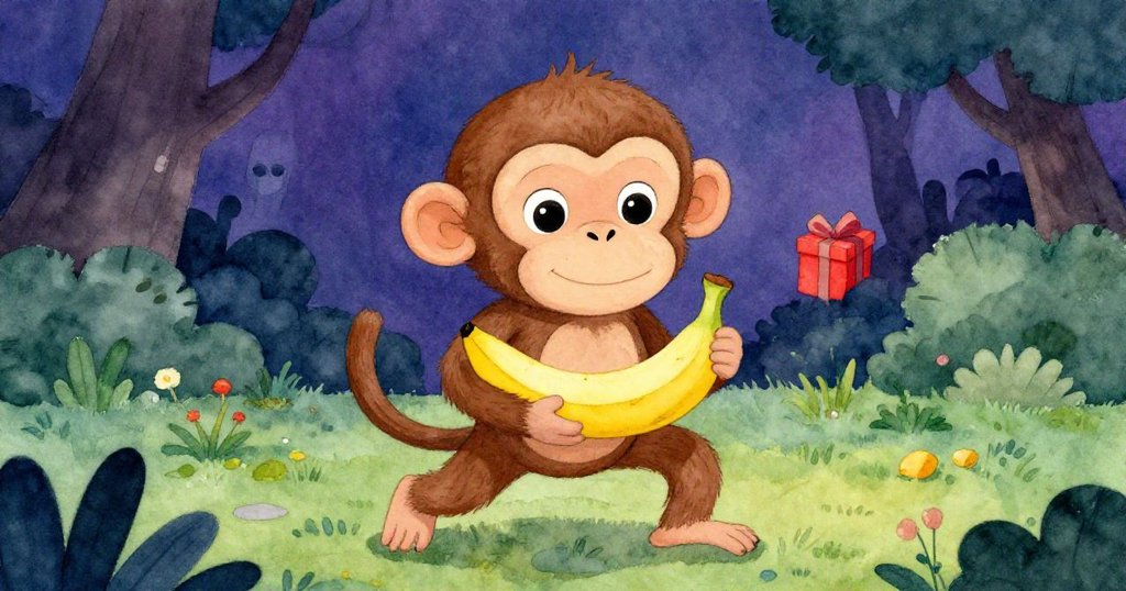 猴子滿足地微笑,雙手捧著香蕉與紅禮物,靜謐的樹下映出魔幻與圓滿的結局情感