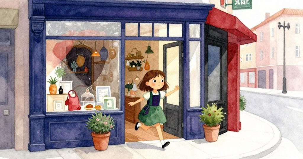 Mia邁向小店門口，街道上陽光明媚，表情興奮期待，呈現故事開端的現代都市氛圍。