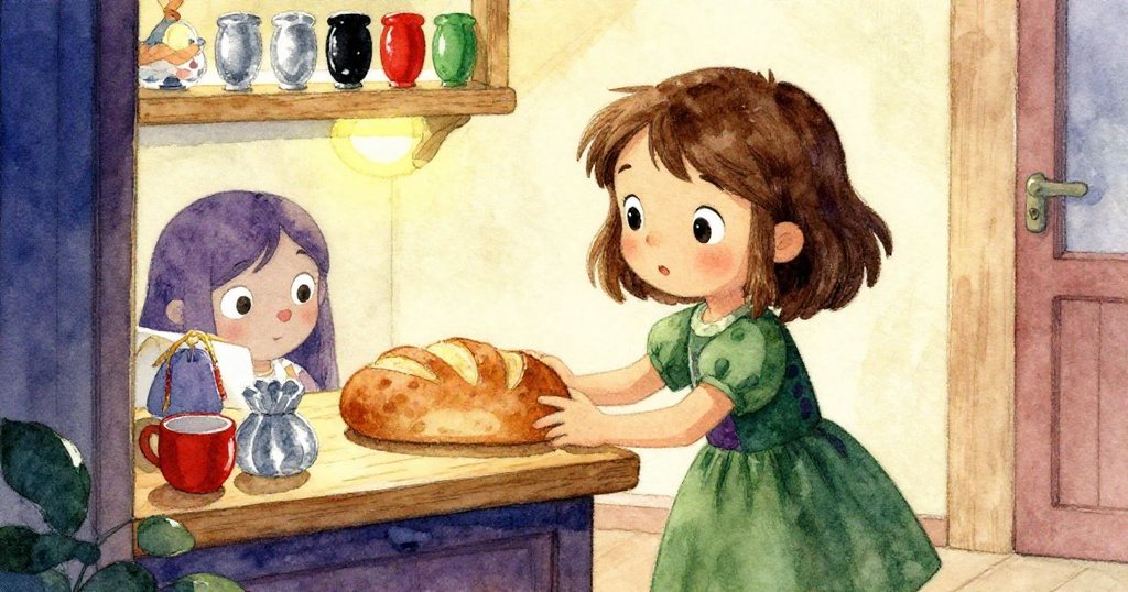 Mia站在店內木桌前，注視著像玩具般的軟麵包，燈光柔和，環境溫馨，情感充滿好奇。