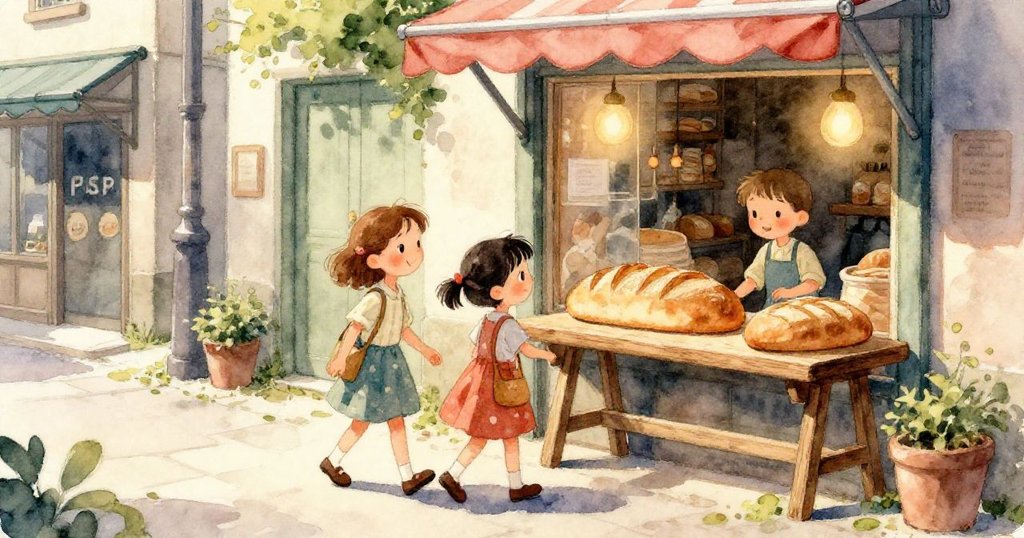 店內透過左右分割呈現時光變化，左側晨光柔和，右側燈光溫暖，麵包蒸氣朦朧，營造魔幻且溫馨的氛圍。