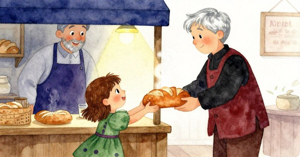 Mia與店主互動真摯溫暖，Mia踮腳接過熱氣繚繞麵包，神情開心，店內環境亦透出生活情趣。